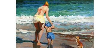 Custom acrylic beach painting with woman, boy, and dog