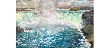 Oil mountain and lake landscape painting.