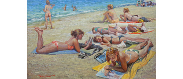 Oil painting of people relaxing in the sun on a peaceful beach.